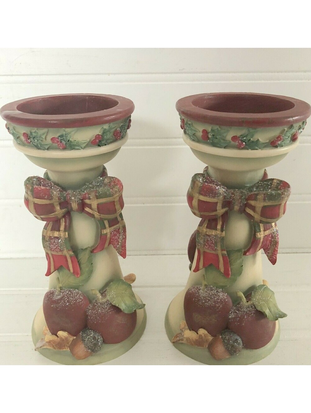 2 Winter Orchard Candle Holders Christmas Fruit Ribbon Holly Betty Singer Design